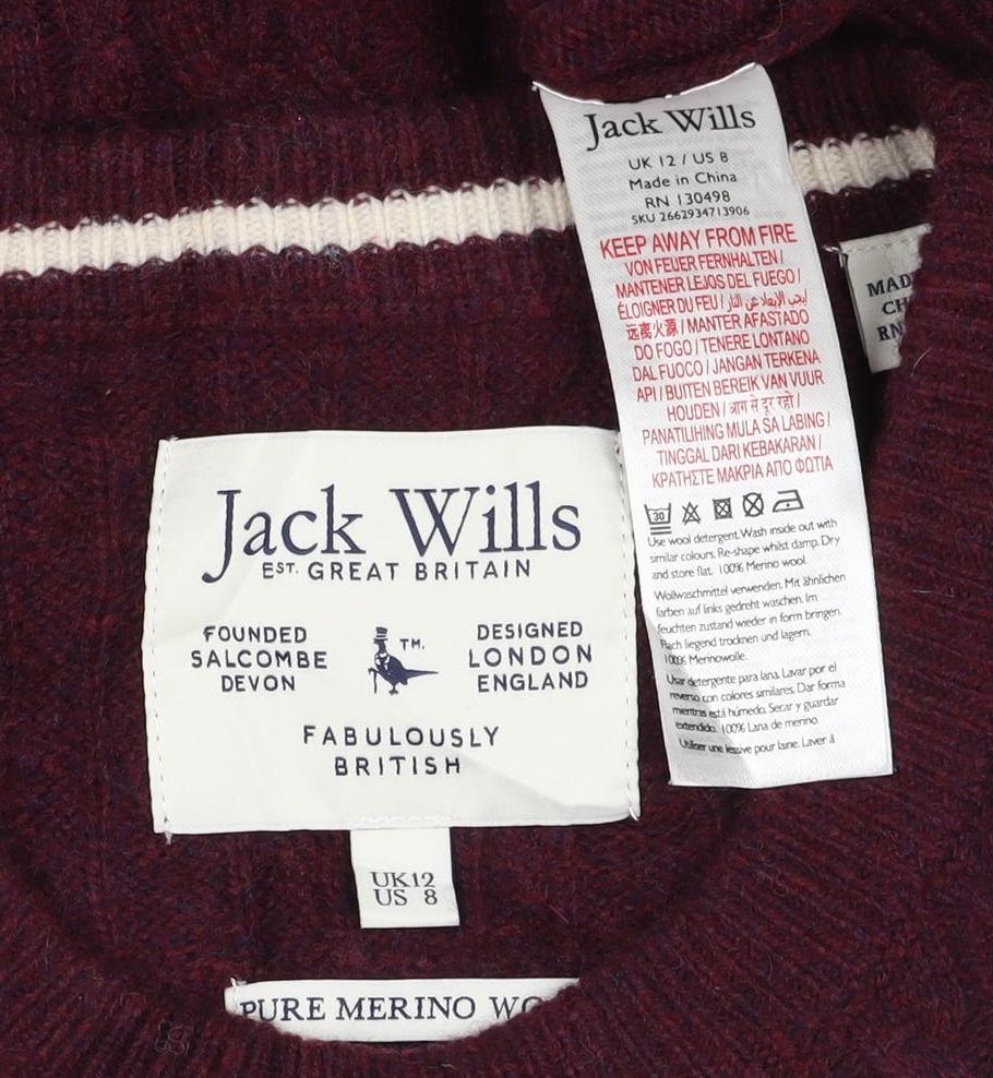 Jack Wills Women’s Red UK 12 Merino Wool Cable Knit Crew Neck Jumper