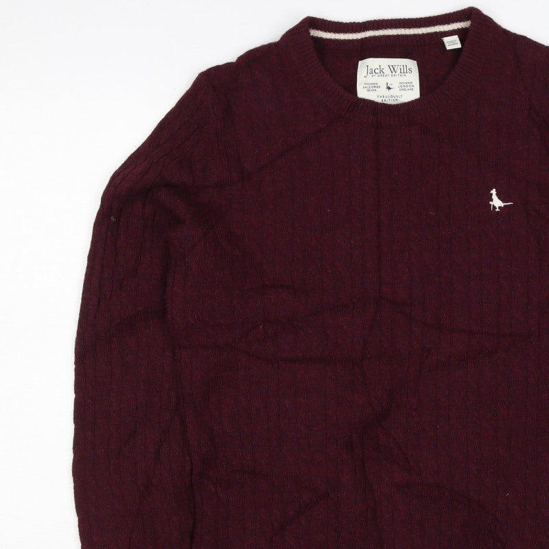 Jack Wills Women’s Red UK 12 Merino Wool Cable Knit Crew Neck Jumper