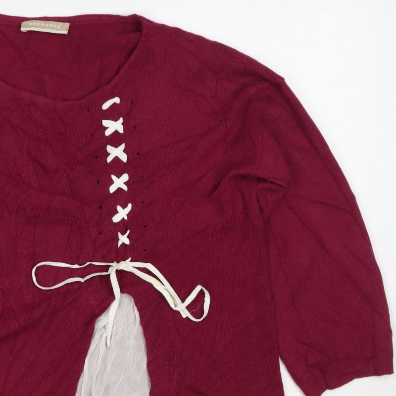 Stefanel Women Red M Linen Blend Lace-Up Asymmetric Cardigan