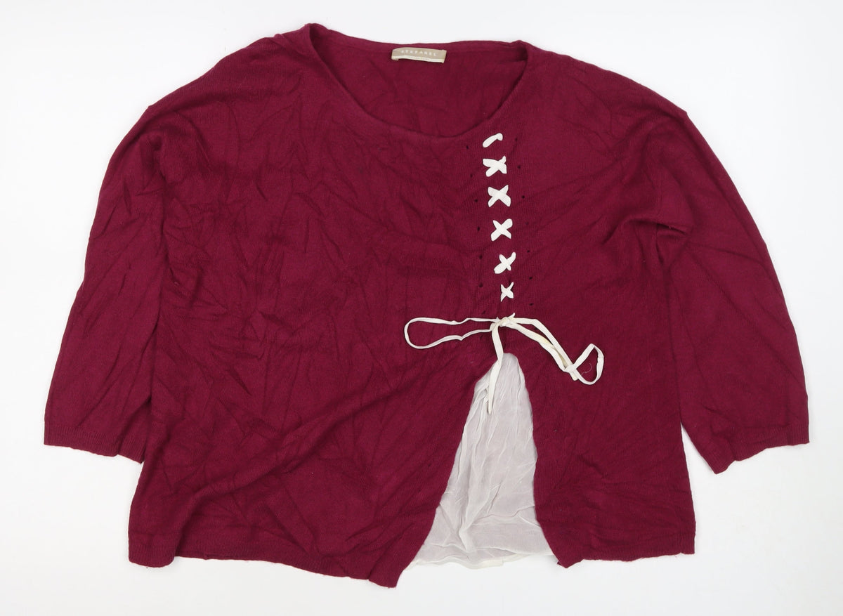 Stefanel Women Red M Linen Blend Lace-Up Asymmetric Cardigan
