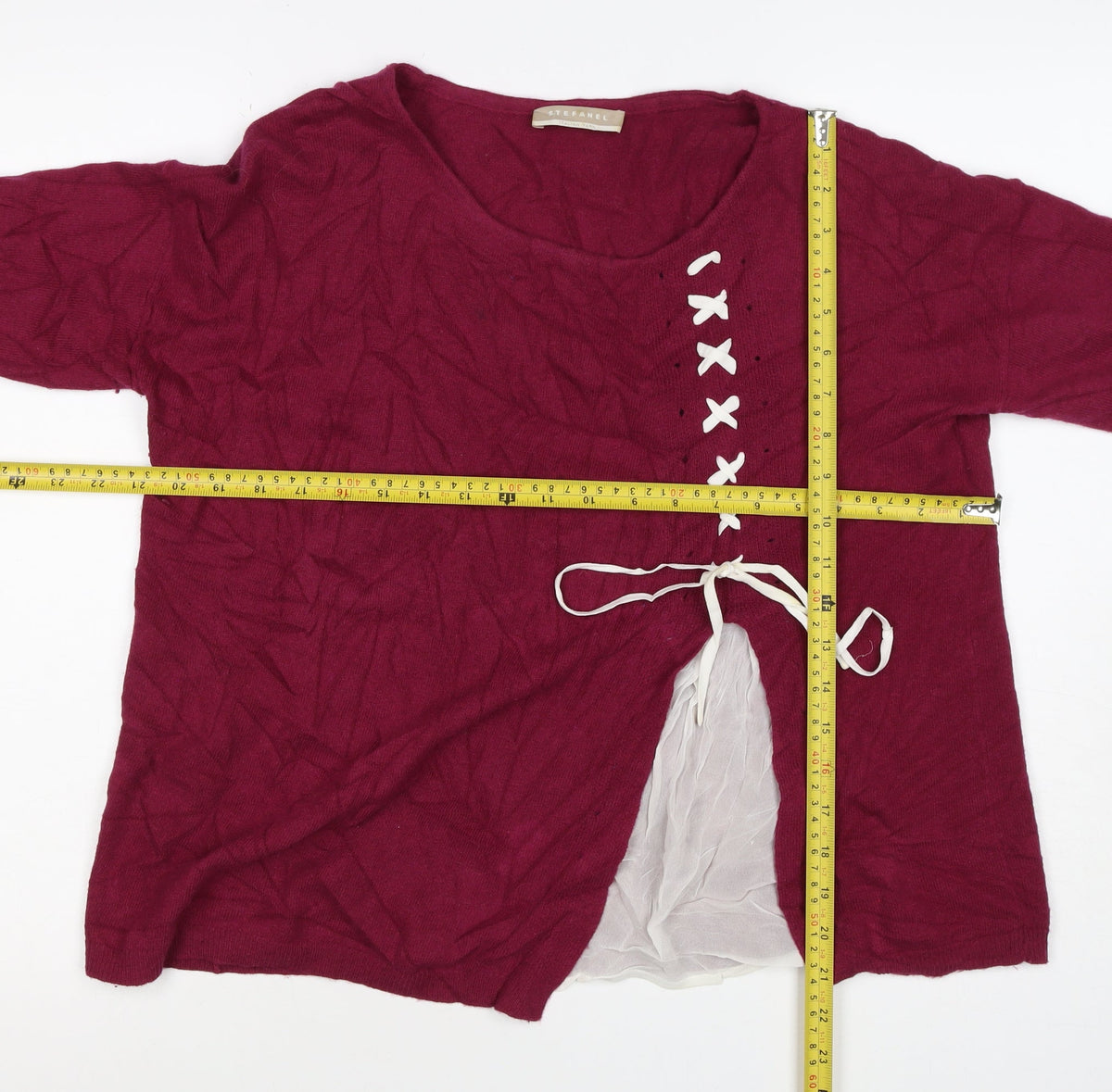 Stefanel Women Red M Linen Blend Lace-Up Asymmetric Cardigan