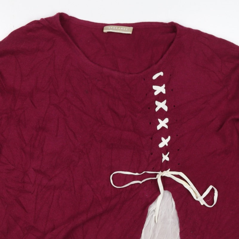 Stefanel Women Red M Linen Blend Lace-Up Asymmetric Cardigan
