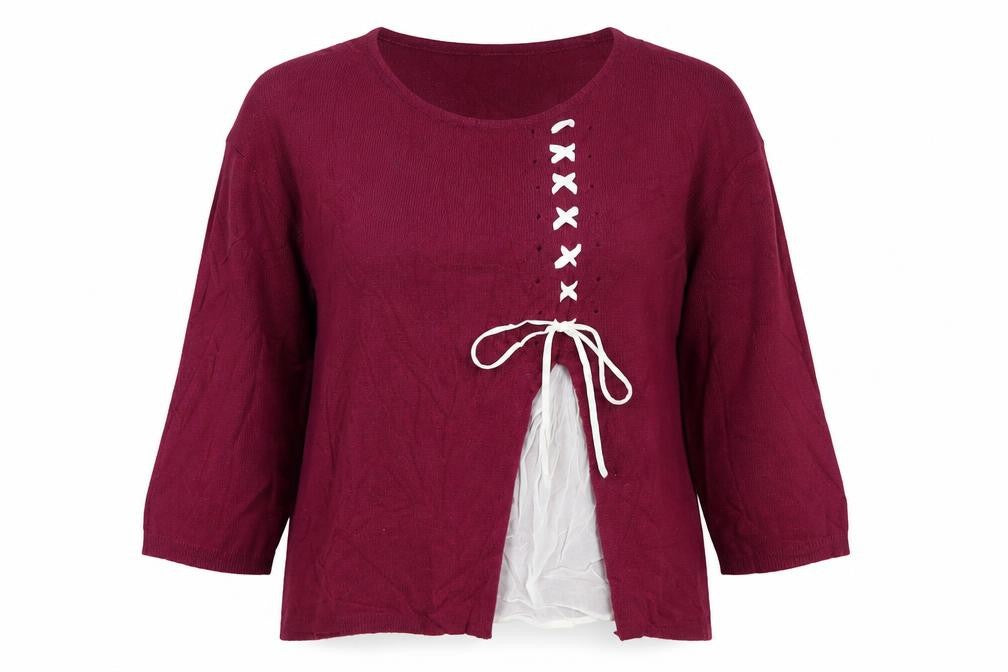 Stefanel Women Red M Linen Blend Lace-Up Asymmetric Cardigan