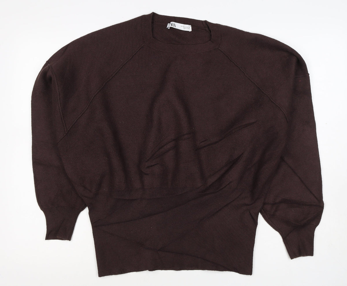 Zara Women Brown UK 12 Crew Neck Raglan Knit Pullover Jumper