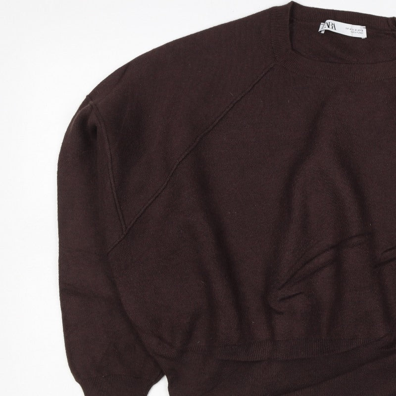 Zara Women Brown UK 12 Crew Neck Raglan Knit Pullover Jumper
