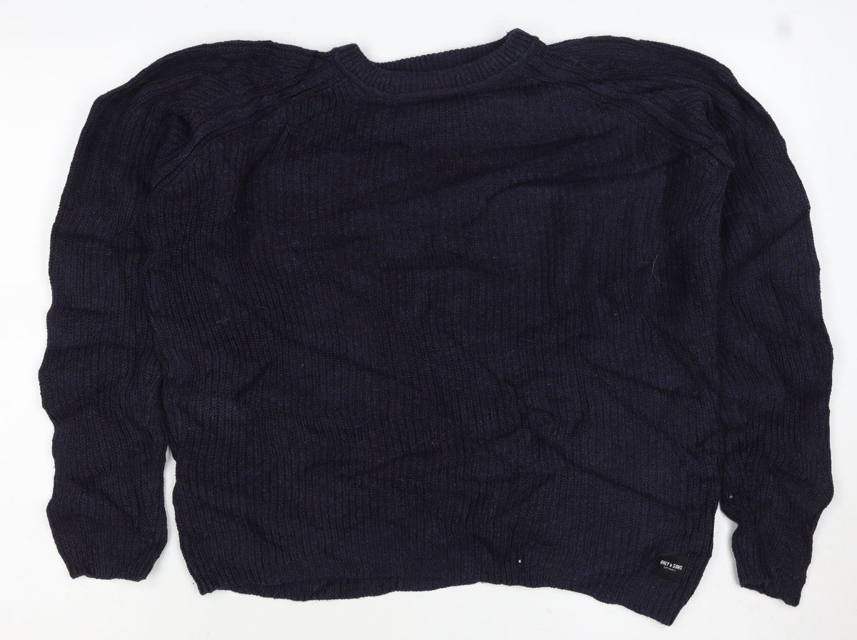 Only & Sons Unisex Navy L Cable Knit Crew Neck Cotton Jumper