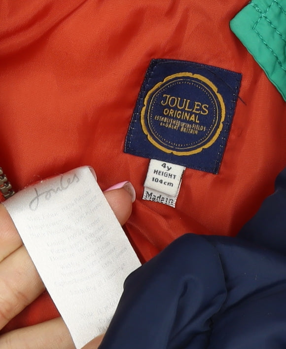 Joules Boys Blue 4 Years Hooded Puffer Jacket Orange Fleece Lining