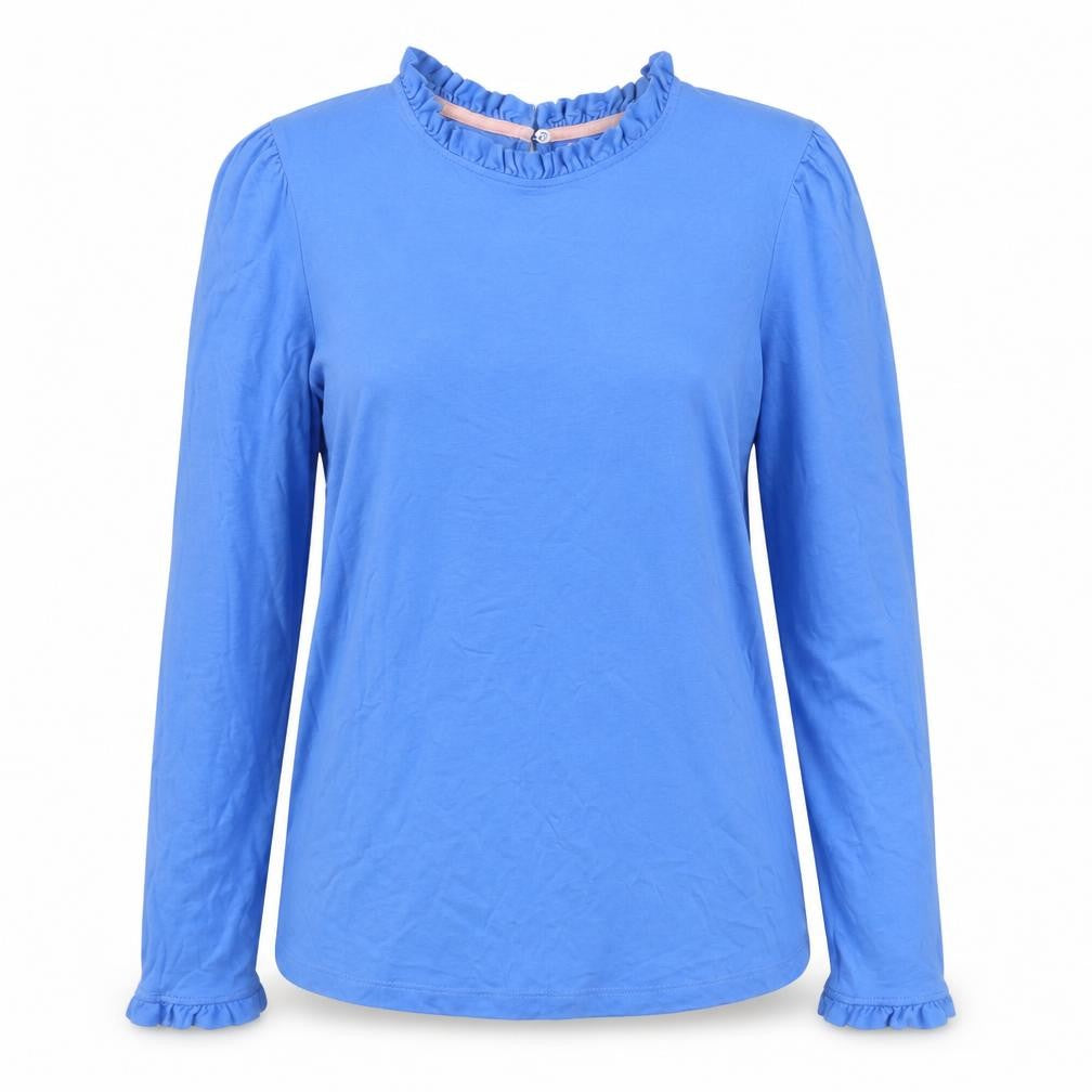Boden Women Blue UK 14 Ruffle Neck Long Sleeve Jersey T-Shirt