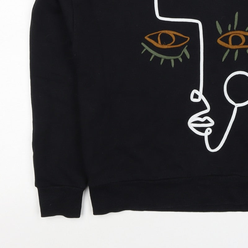 Zara Women Black S Pullover Sweatshirt Embroidered Abstract Face Crew Neck