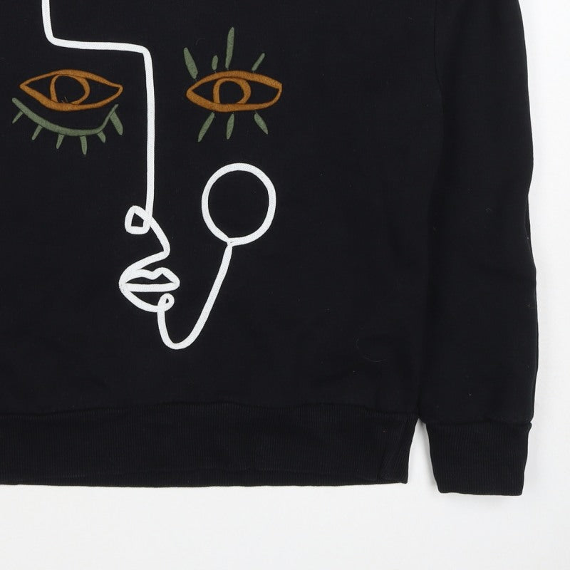 Zara Women Black S Pullover Sweatshirt Embroidered Abstract Face Crew Neck