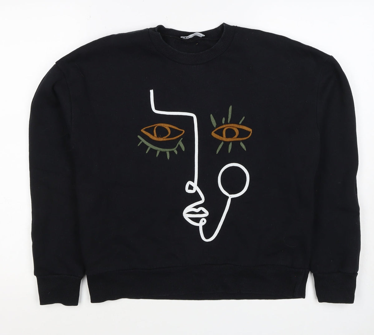 Zara Women Black S Pullover Sweatshirt Embroidered Abstract Face Crew Neck