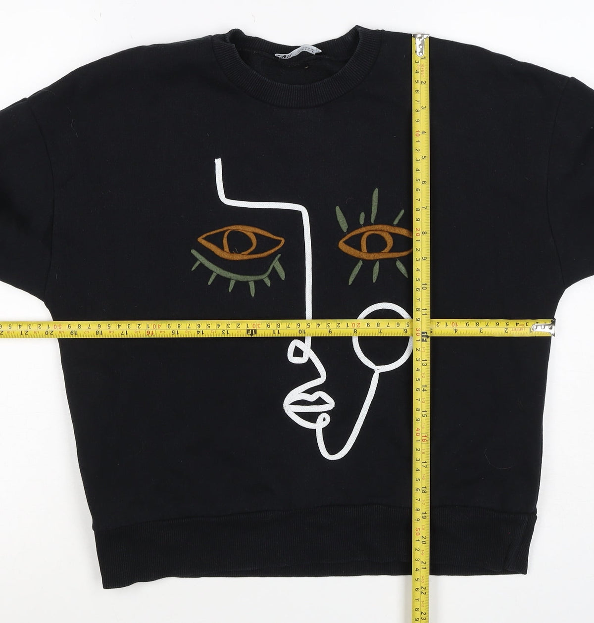 Zara Women Black S Pullover Sweatshirt Embroidered Abstract Face Crew Neck