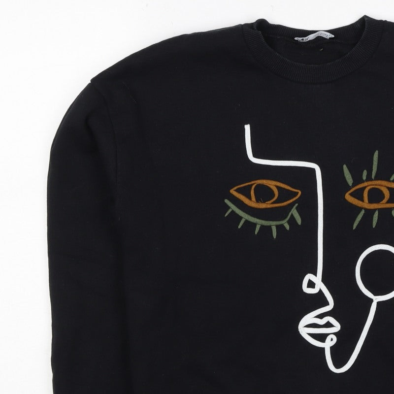 Zara Women Black S Pullover Sweatshirt Embroidered Abstract Face Crew Neck