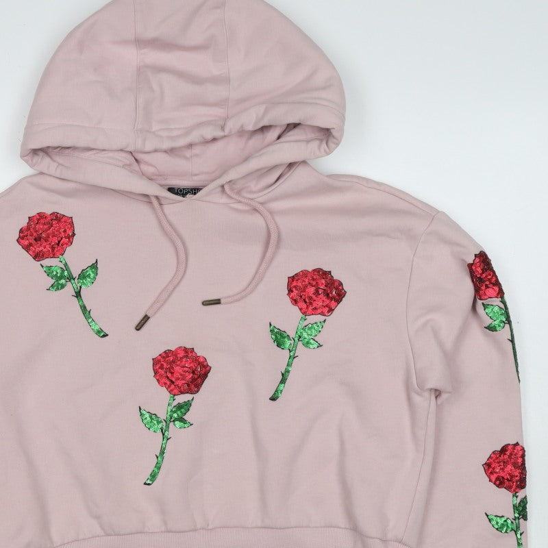 Topshop Women Pink UK 6 Rose Sequin Floral Drawstring Pullover Hoodie