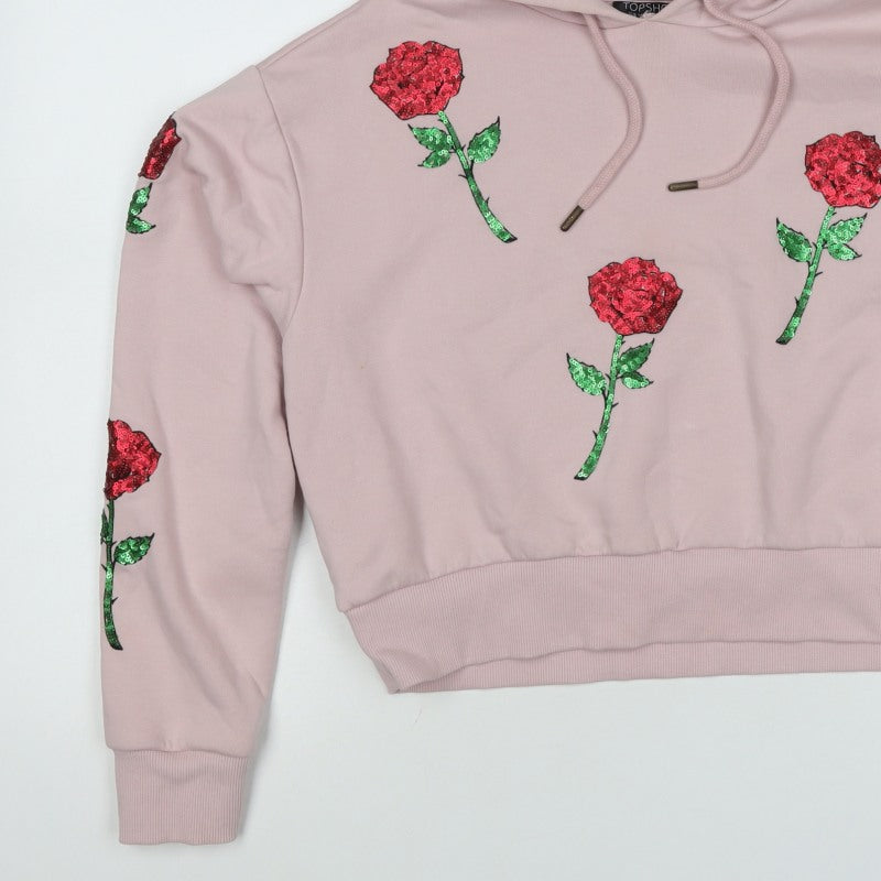 Topshop Women Pink UK 6 Rose Sequin Floral Drawstring Pullover Hoodie