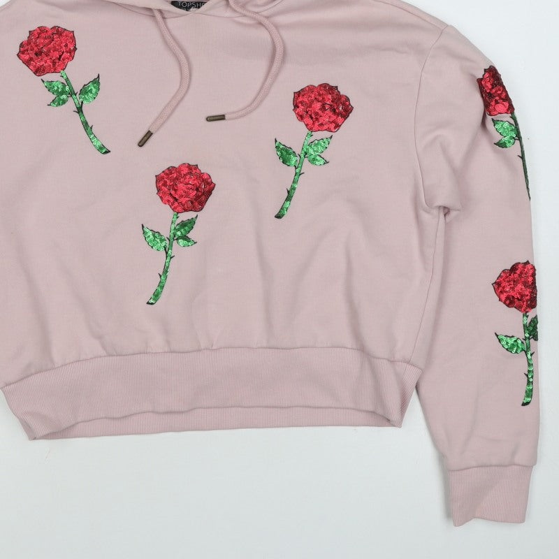 Topshop Women Pink UK 6 Rose Sequin Floral Drawstring Pullover Hoodie