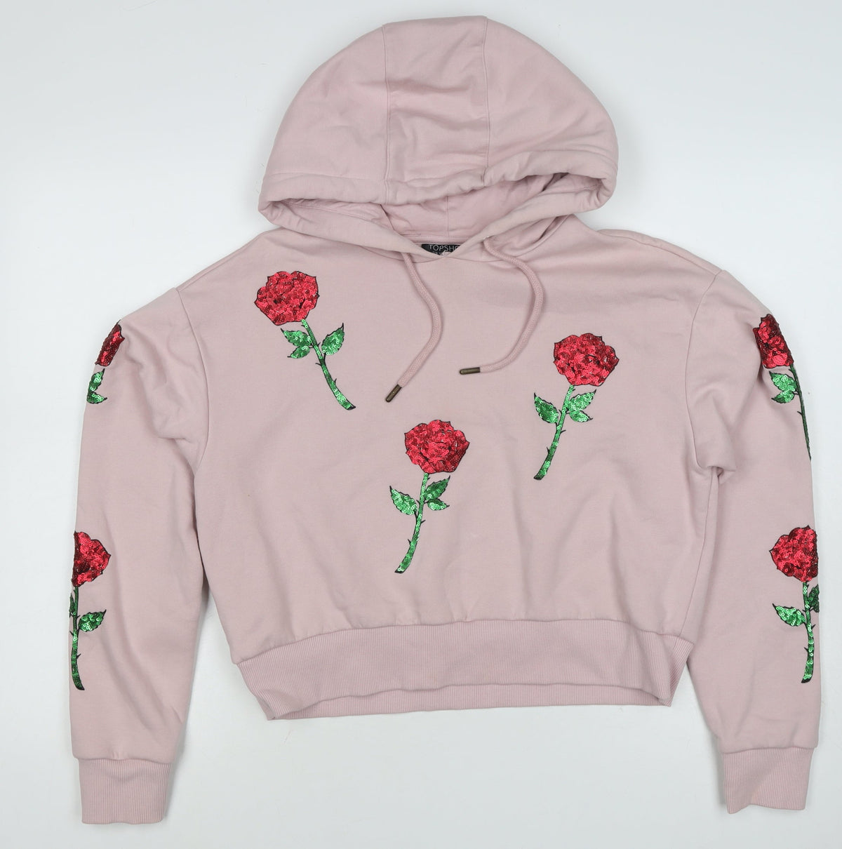 Topshop Women Pink UK 6 Rose Sequin Floral Drawstring Pullover Hoodie