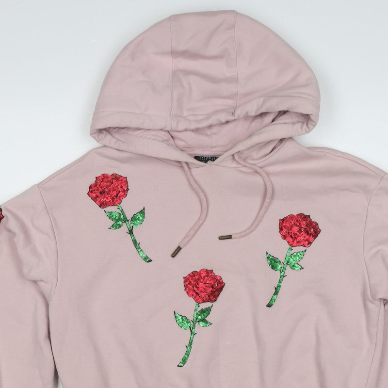 Topshop Women Pink UK 6 Rose Sequin Floral Drawstring Pullover Hoodie