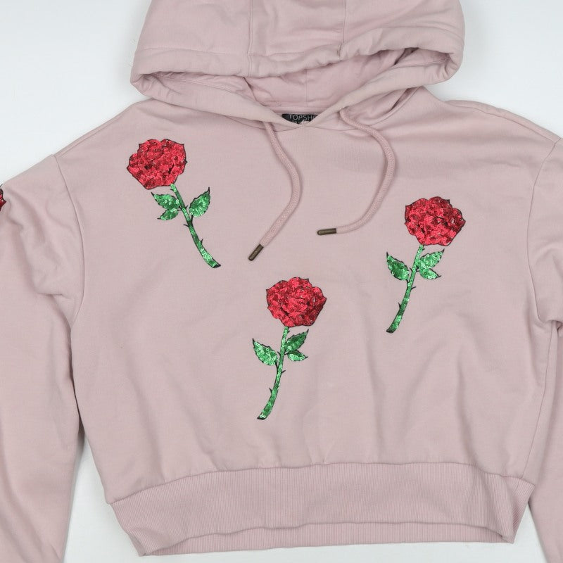 Topshop Women Pink UK 6 Rose Sequin Floral Drawstring Pullover Hoodie