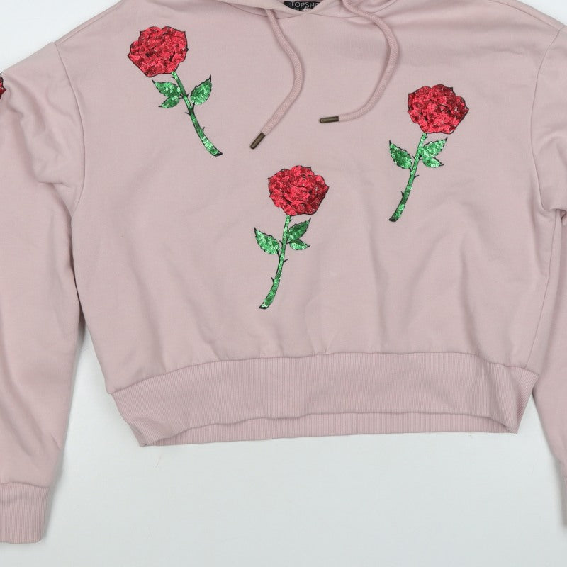 Topshop Women Pink UK 6 Rose Sequin Floral Drawstring Pullover Hoodie