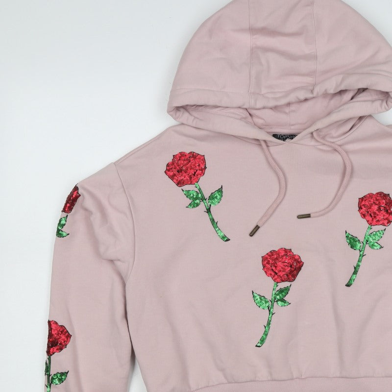 Topshop Women Pink UK 6 Rose Sequin Floral Drawstring Pullover Hoodie