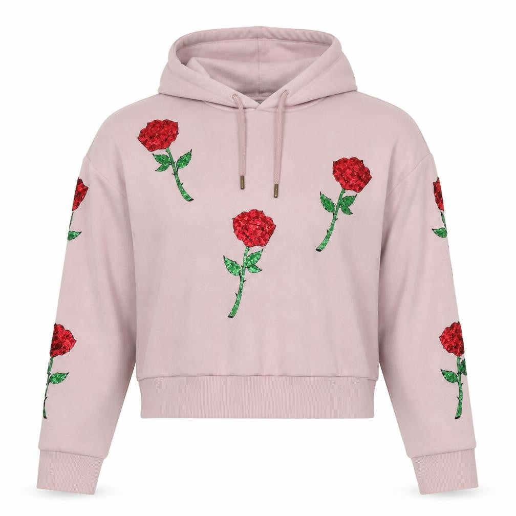 Topshop Women Pink UK 6 Rose Sequin Floral Drawstring Pullover Hoodie