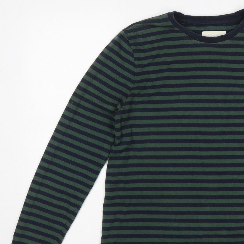 Folk Men's Green Navy Striped Long Sleeve Crew Neck T-Shirt Size M