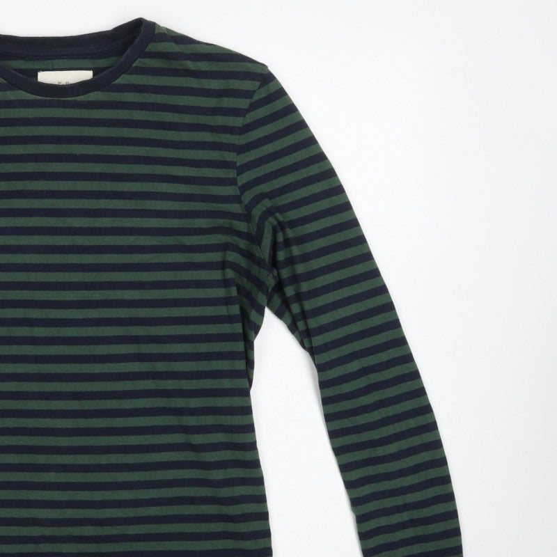 Folk Men's Green Navy Striped Long Sleeve Crew Neck T-Shirt Size M