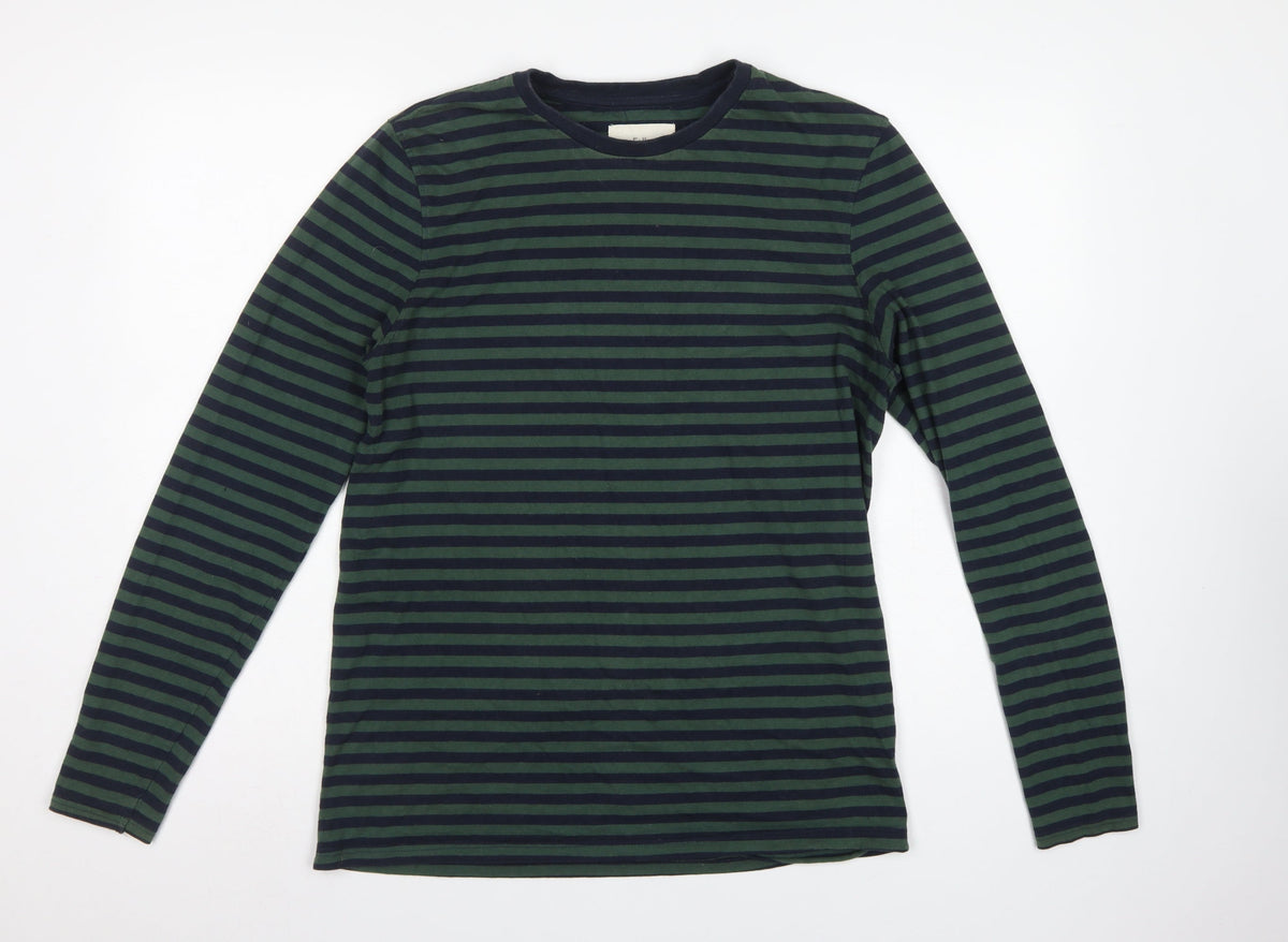 Folk Men's Green Navy Striped Long Sleeve Crew Neck T-Shirt Size M