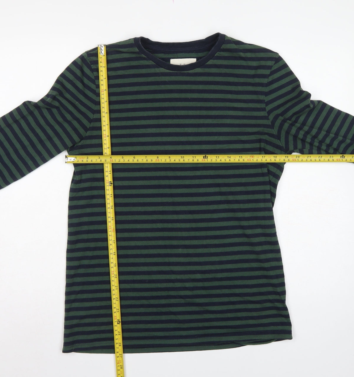 Folk Men's Green Navy Striped Long Sleeve Crew Neck T-Shirt Size M