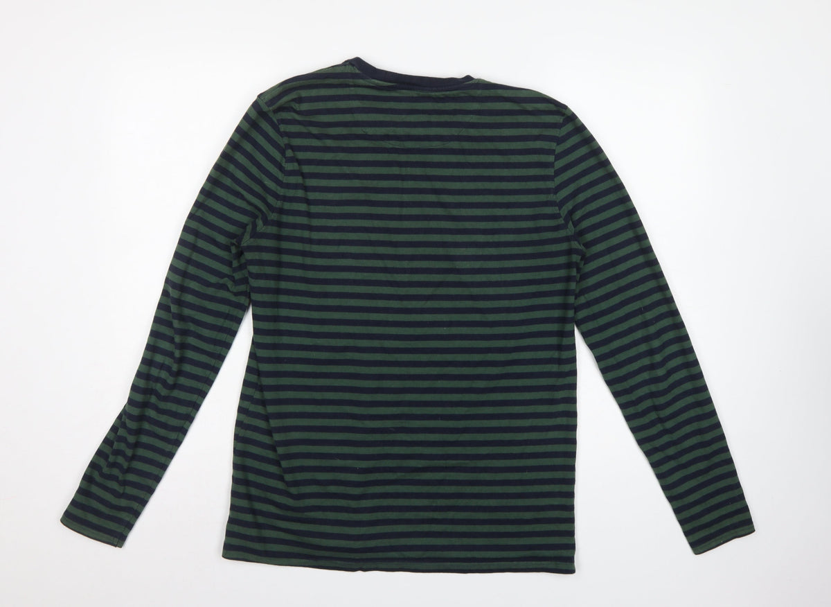 Folk Men's Green Navy Striped Long Sleeve Crew Neck T-Shirt Size M