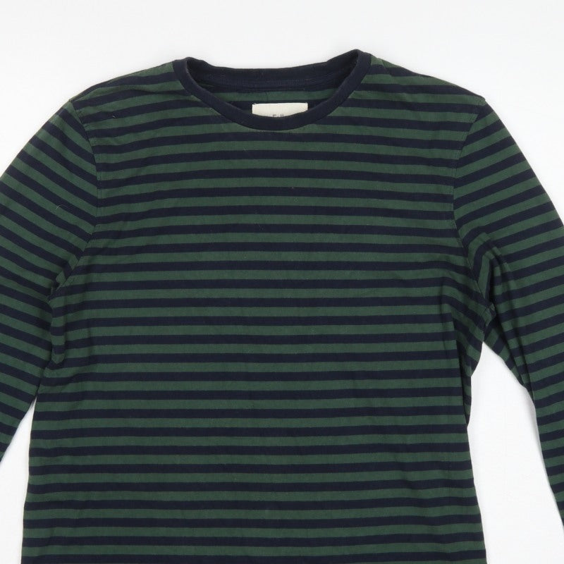 Folk Men's Green Navy Striped Long Sleeve Crew Neck T-Shirt Size M