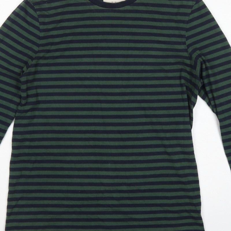 Folk Men's Green Navy Striped Long Sleeve Crew Neck T-Shirt Size M