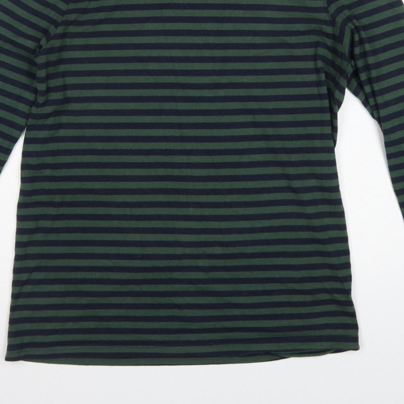 Folk Men's Green Navy Striped Long Sleeve Crew Neck T-Shirt Size M