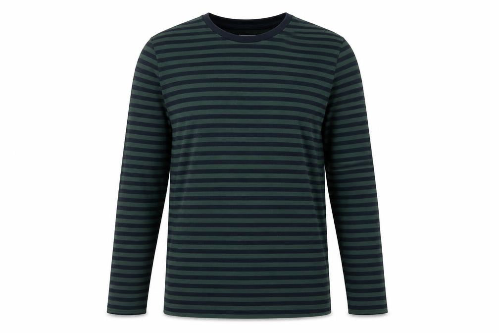 Folk Men's Green Navy Striped Long Sleeve Crew Neck T-Shirt Size M