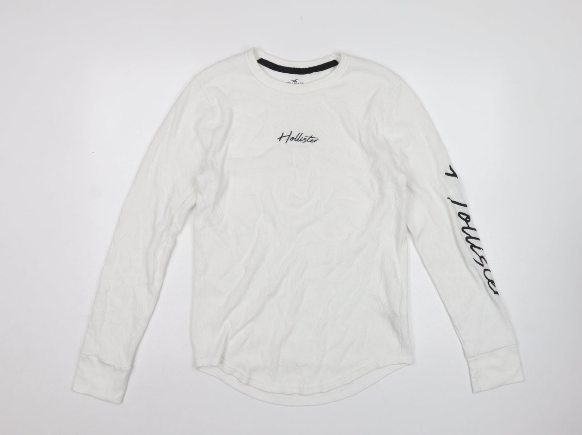 Hollister Men’s White M Logo Graphic Long Sleeve Pullover Sweatshirt