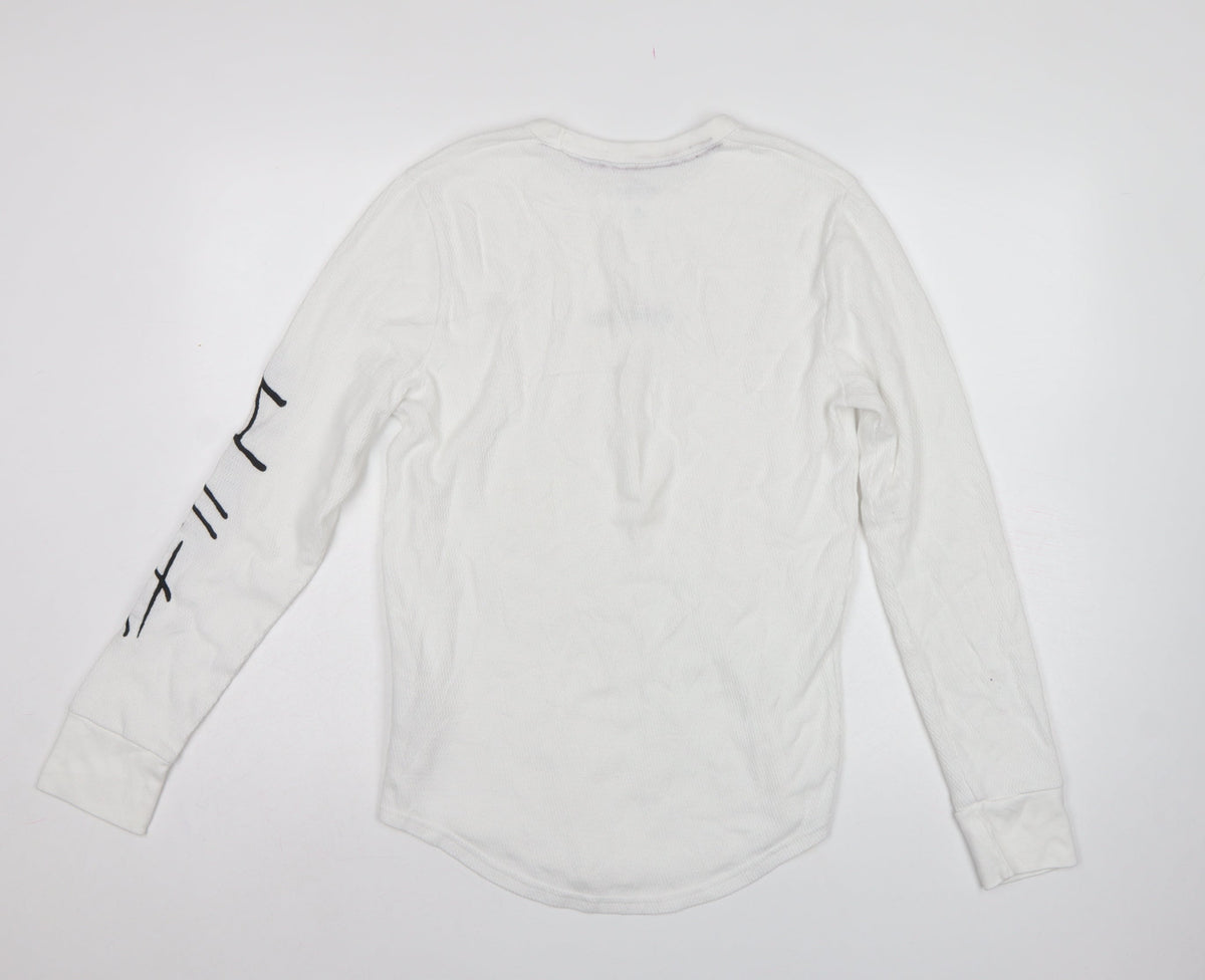 Hollister Men’s White M Logo Graphic Long Sleeve Pullover Sweatshirt