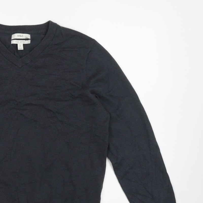 Marks & Spencer Men Black Cotton V-Neck Pullover Jumper Size L
