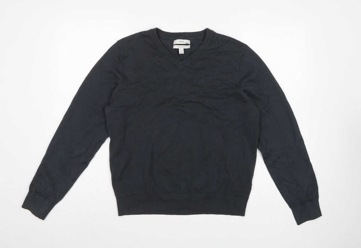 Marks & Spencer Men Black Cotton V-Neck Pullover Jumper Size L