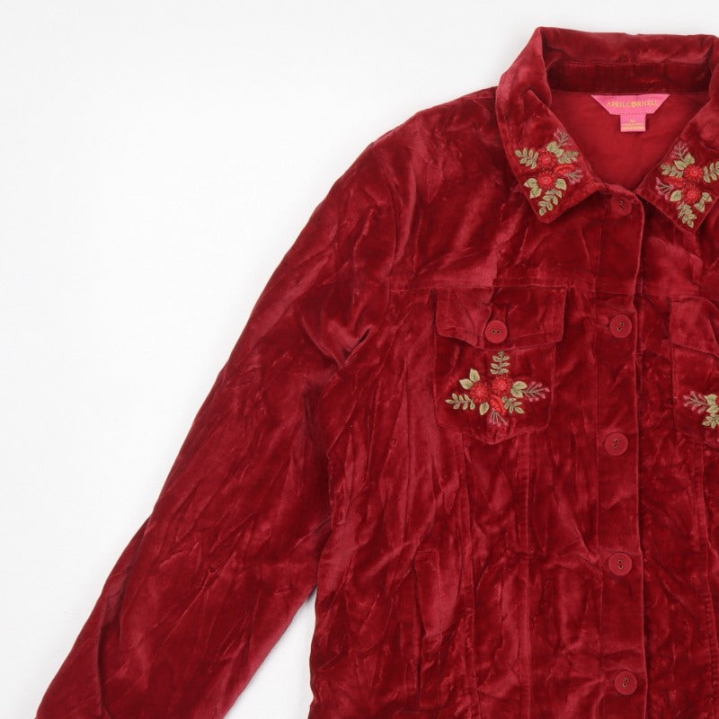 April Cornell Women Red M Velvet Floral Embroidered Button Jacket