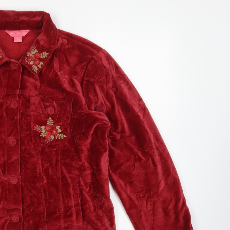 April Cornell Women Red M Velvet Floral Embroidered Button Jacket