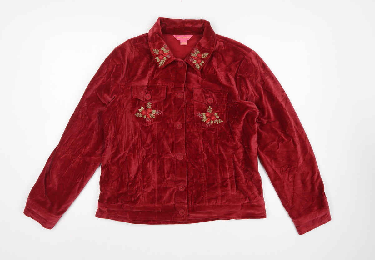 April Cornell Women Red M Velvet Floral Embroidered Button Jacket