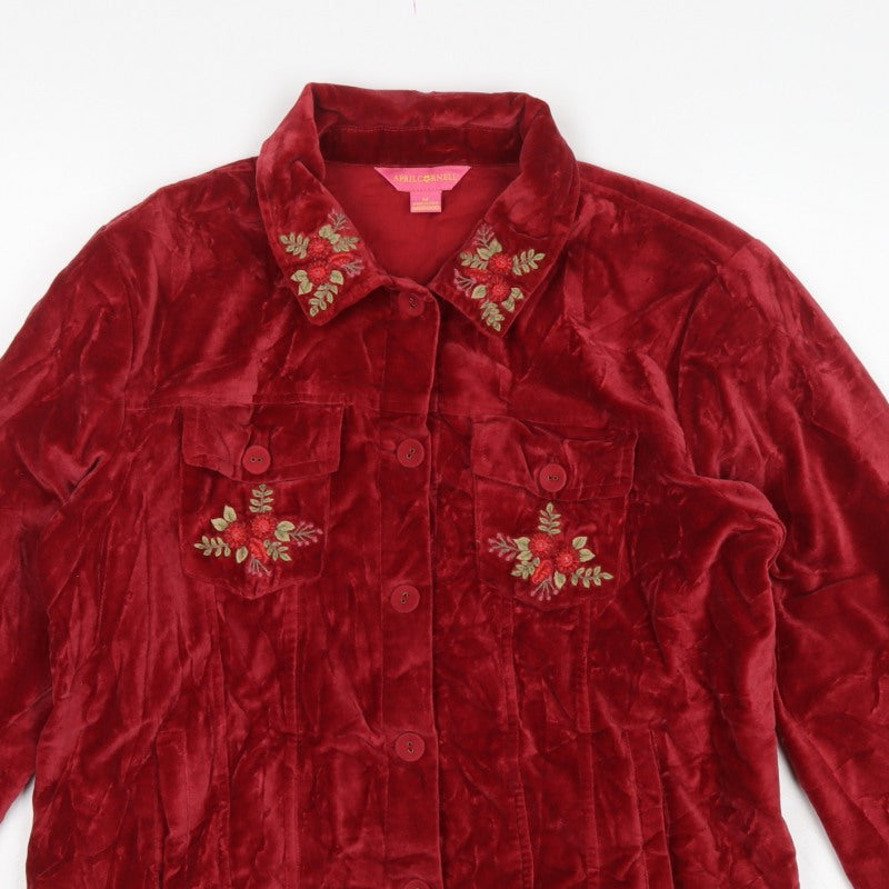 April Cornell Women Red M Velvet Floral Embroidered Button Jacket