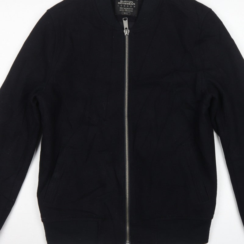 Burton Menswear Men’s Black Small Wool Blend Bomber Jacket Zip Pockets