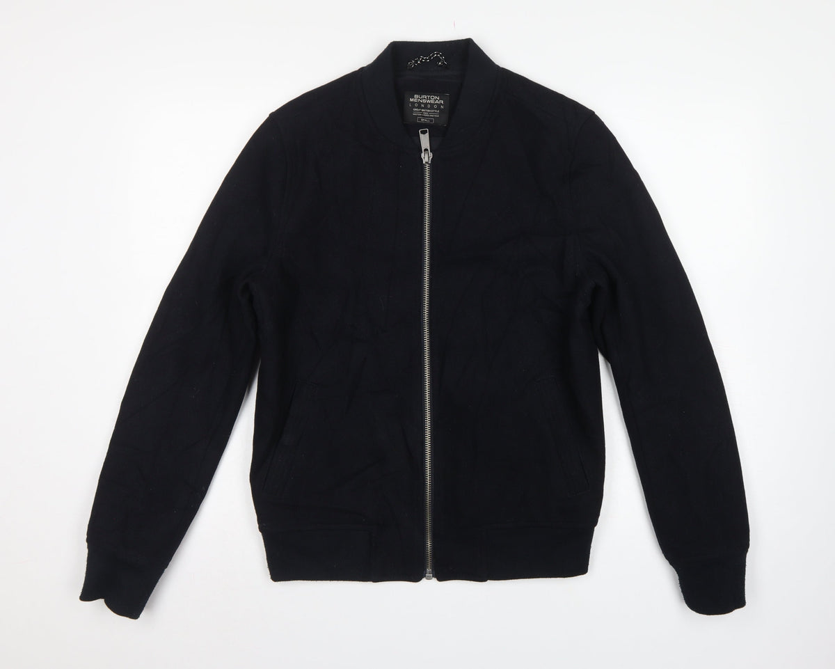 Burton Menswear Men’s Black Small Wool Blend Bomber Jacket Zip Pockets