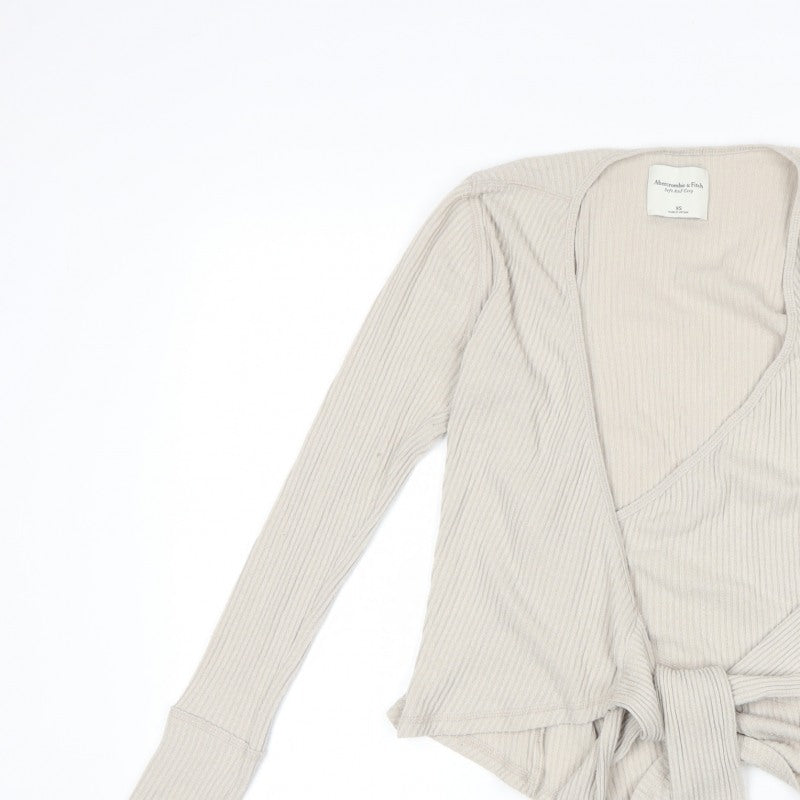 Abercrombie & Fitch Women Ivory XS Ribbed Wrap Tie Blouse