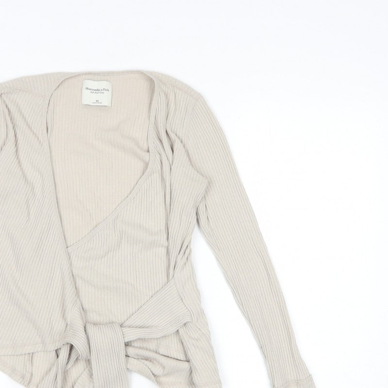 Abercrombie & Fitch Women Ivory XS Ribbed Wrap Tie Blouse