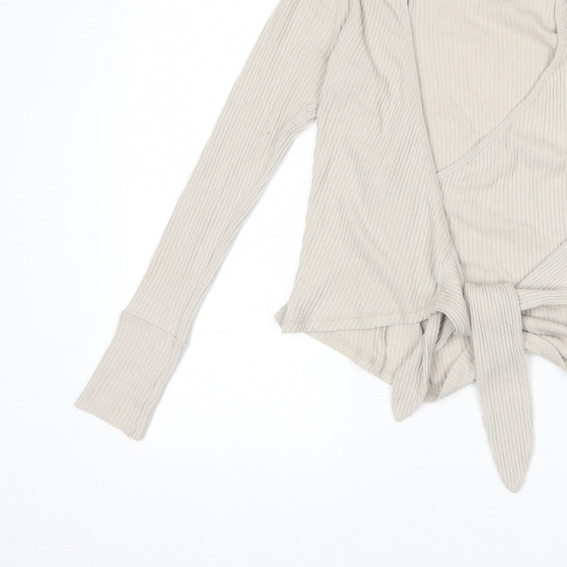 Abercrombie & Fitch Women Ivory XS Ribbed Wrap Tie Blouse