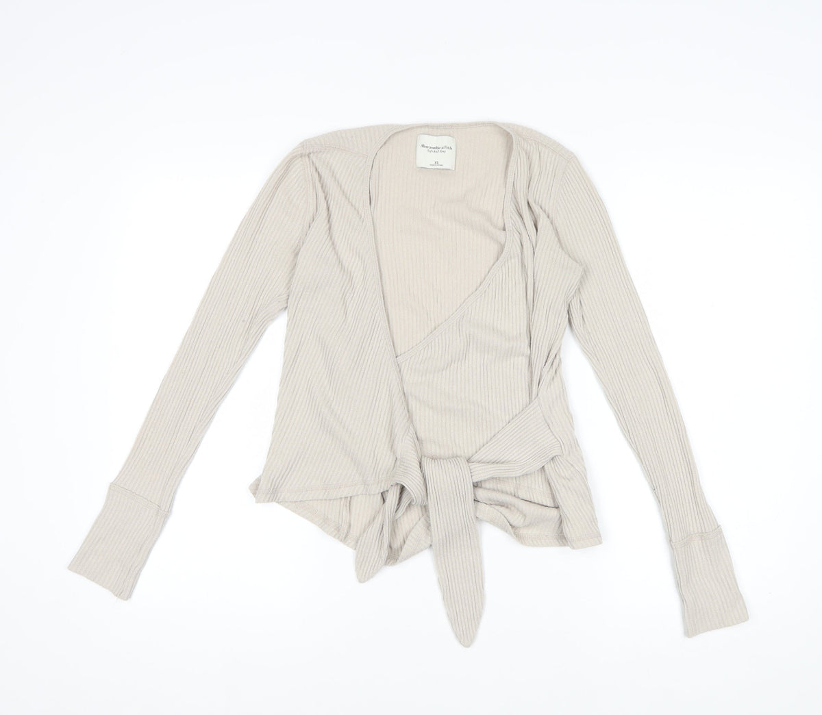 Abercrombie & Fitch Women Ivory XS Ribbed Wrap Tie Blouse