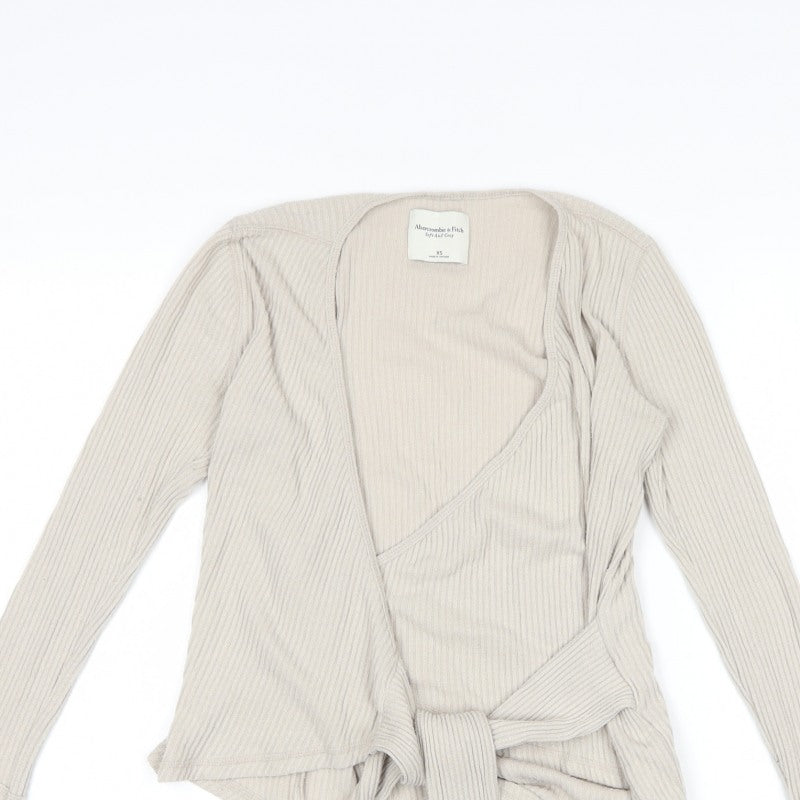 Abercrombie & Fitch Women Ivory XS Ribbed Wrap Tie Blouse